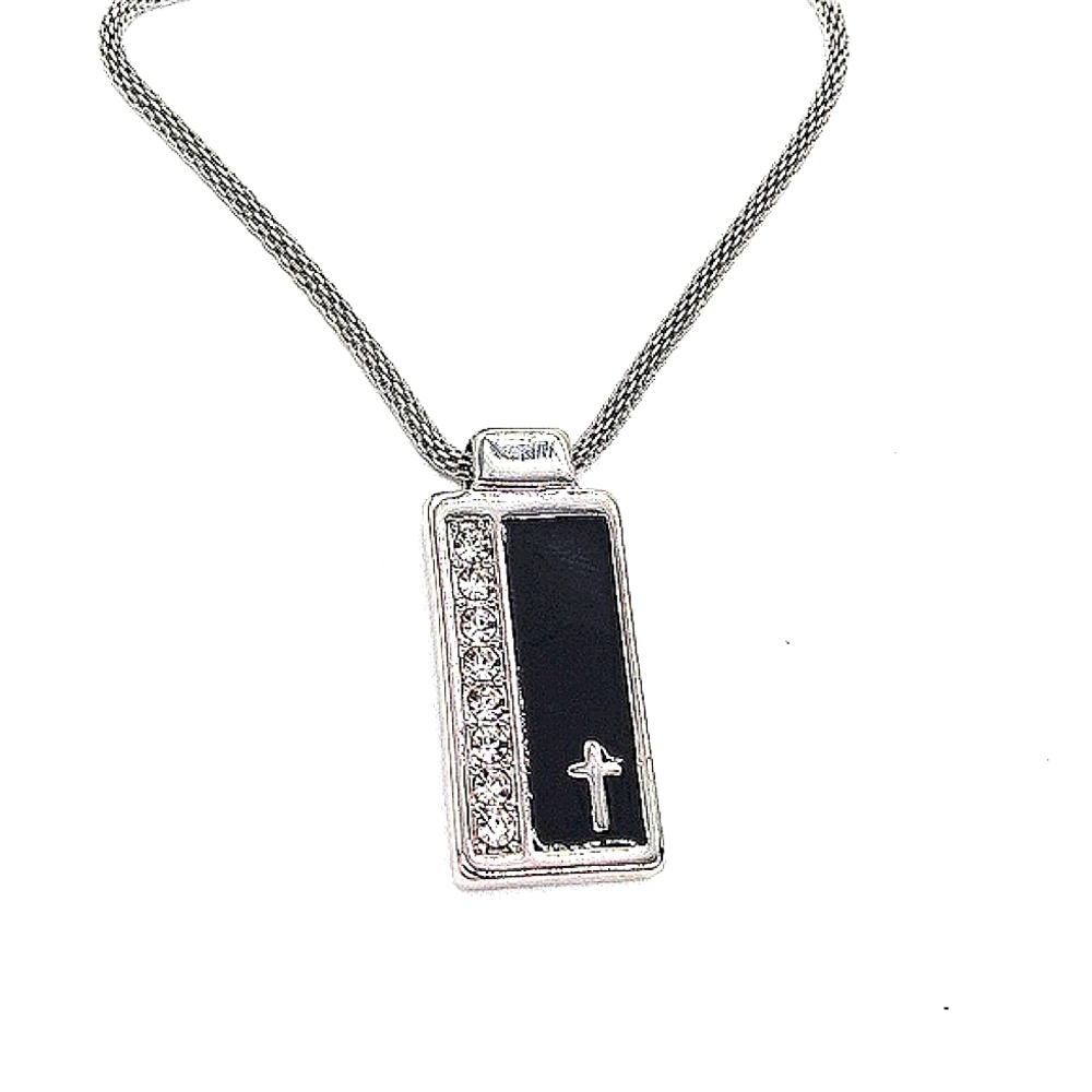 GUESS 24" Cross Dog Tag Bling Cubic Zirconia Crystal Necklace in Black & Silver - Picture 1 of 4